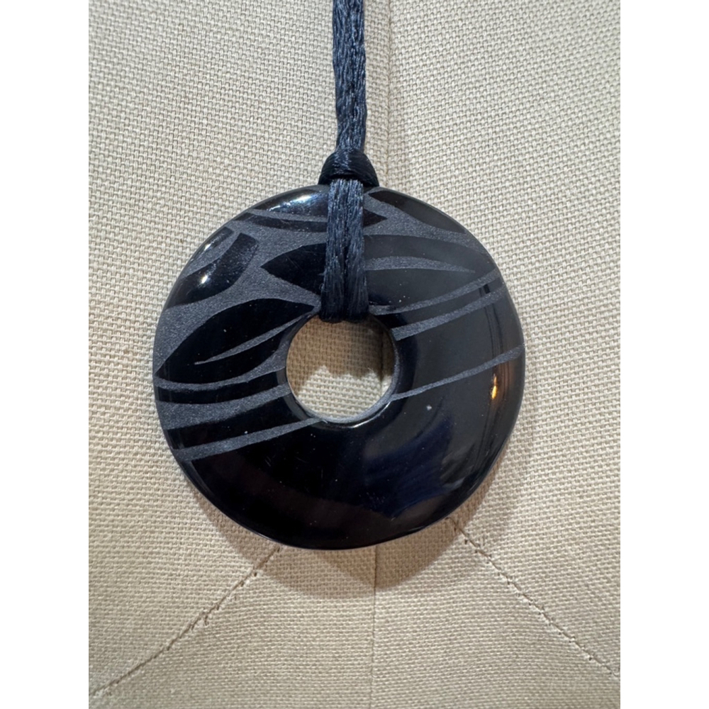 Black etched pattern Chinese Pi Ring Necklace Pendant adjustable silk cord 24”